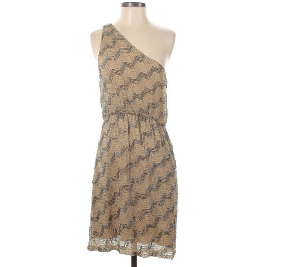 Alice + Olivia Silk One Shoulder Nude Neutral Lines Dress Size Small EUC